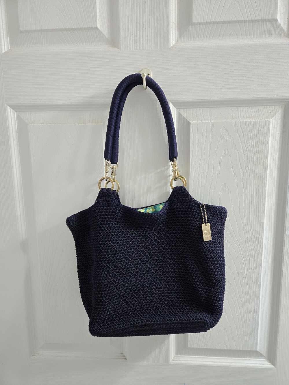 Luna Crochet Navy Shoulder Tote Bag with Gold Hardware